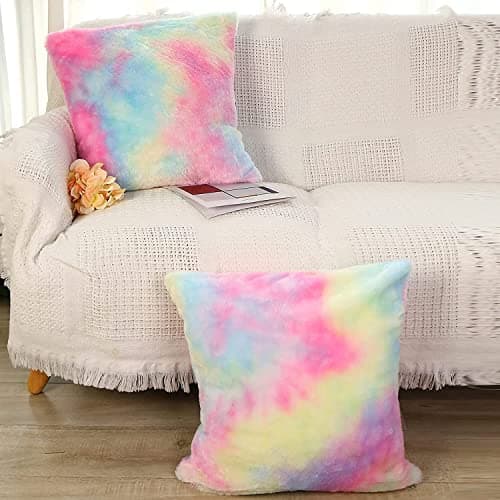 Image of CottonFry Ultra Soft Plush Faux Fur Tie Dye Decorative Throw Pillow Cushion Covers Square 16 X 16 Inches (Tie Dye Rainbow, 3)