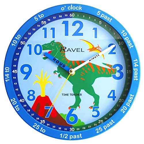 Image of Ravel Children's 25cm Time Teacher Wall Clock - R.KC.11 - Analogue Quartz - Blue Dinosaur/Blue Dial