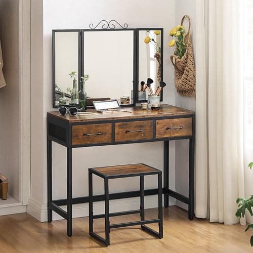 Image of VASAGLE Dressing Table and Stool Set, Dressing Table with Triple Fold Mirror, 3 Drawers, Vanity Table with Steel Frame, Industrial Style, Rustic Brown and Black RVT02BX