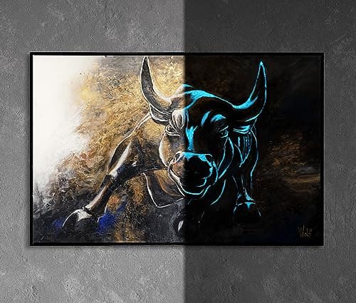 Image of YS-Art Handmade Abstract Bull Painting on Textured Canvas, Framed Modern Wall Art, Glow in the Dark Fluorescent Bedroom Decor 48x32 inch