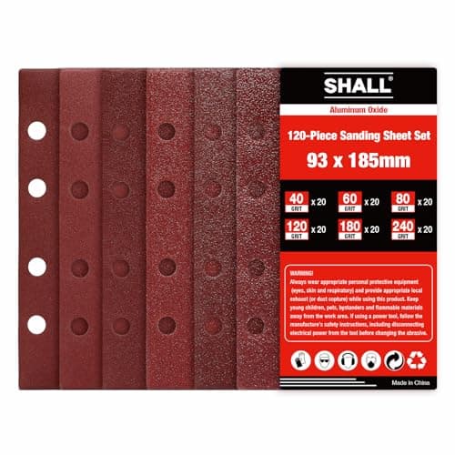 Image of SHALL-120pcs Sanding Sheets Rectangular, 93x185mm Sander Sandpaper 8 Holes Hook and Loop Sanding Pads,Assorted 40/60/80/120/180/240 Grits