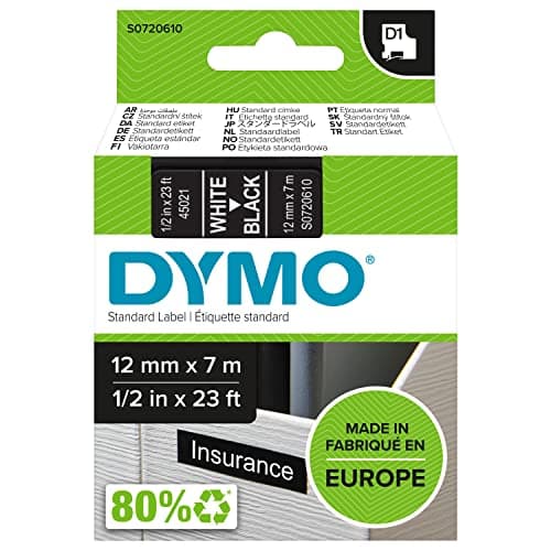 Image of DYMO Authentic D1 Labels | White Print on Black Tape | 12 mm x 7 m | Self-Adhesive Labels for LabelManager Label Makers | Made in Europe