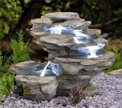 Image of Primrose 65cm River Leap 4 Tier Stone Effect Cascading Garden Water Feature Waterfall with LED Lights