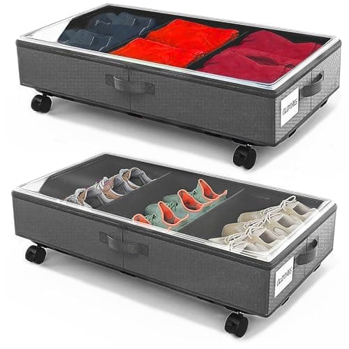 Image of 2 Pack Under Bed Storage Rolling Metal Frame Underbed Containers with Wheels Lid Visiable Window Storage Bag Box Organizer Home Closet Organization Drawer Bins for Clothes Shoes Toys Blanketss Grey