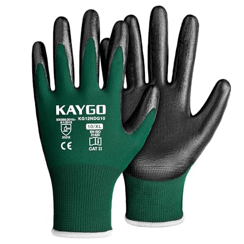 Image of KAYGO Safety Work Gloves Nitrile Coated, Good Grip and Dexterity, 12 Pairs General Purpose Working Gloves for Men and Women, Ideal for Construction Warehouse Automotive DIY, KG12N (Dark Green, XL)