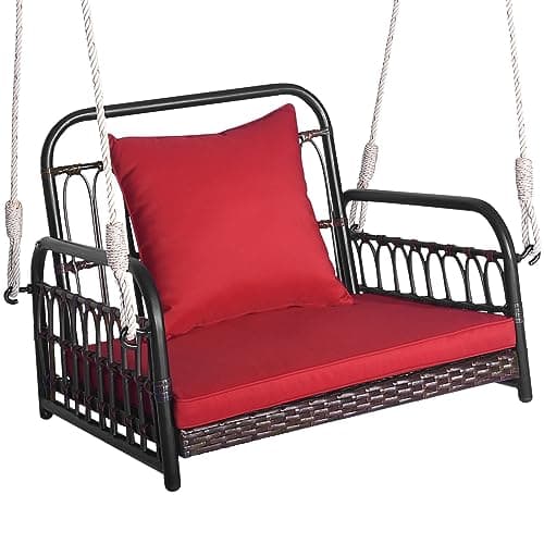 Image of COSTWAY Hanging Porch Swing Chair, 1/2 Person Rattan Woven Hammock Chair with Back and Seat Cushion, Indoor Outdoor Front Porch Hanging Seat (Red + Mix Brown, 80 x 64 x 58 cm)