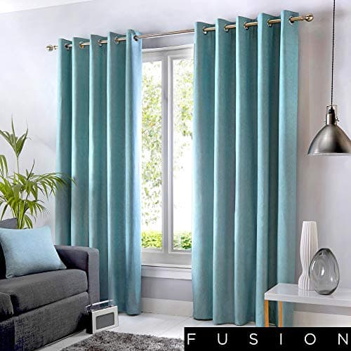 Image of Fusion Duck Egg Blue Eyelet Curtains 90 x 72 Inches (229 x 183 cm) – 100% Cotton – 2 Panels – Thermal Drapes for Bedroom and Living Room – Plain Lined Door Curtains – Sorbonne Collection