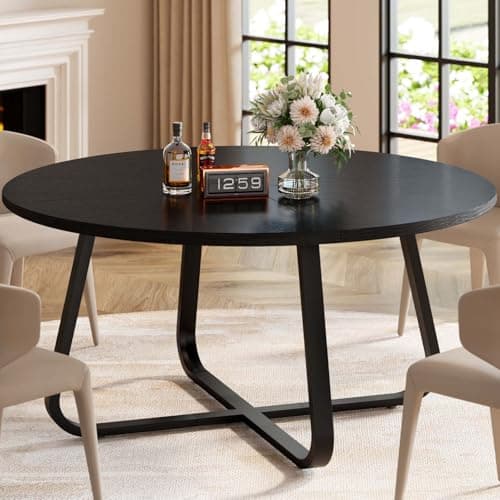 Image of LVB Round Dining Table, 130cm Circle Kitchen Table, Modern Wood Metal Round Table for 4-6, Industrial Small Dinner Tables, Coffee Dining Tables for Home Kitchen Living Room, Black Oak Tabletop