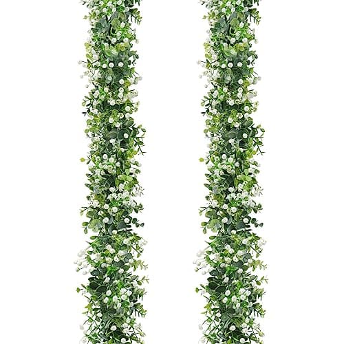 Image of LOMOHOO 2PCS 12FT Artificial Eucalyptus Garland With White Flowers, Fake Leaves Green Garland Artificial Foliage Garland, Greenery Garlands for Home Decoration Wedding Backdrop Table Arch Wall Decor