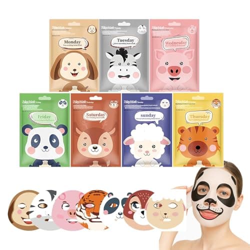 Image of Sheet Face Mask Set – 7-Pack Hydrating & Moisturizing Facial Masks, Fun Animal Print for Kids & Girls, Soothing Skincare Sheet Masks for Women, Spa Party Supplies, Self-Care Gift, Beauty Face Mask Set