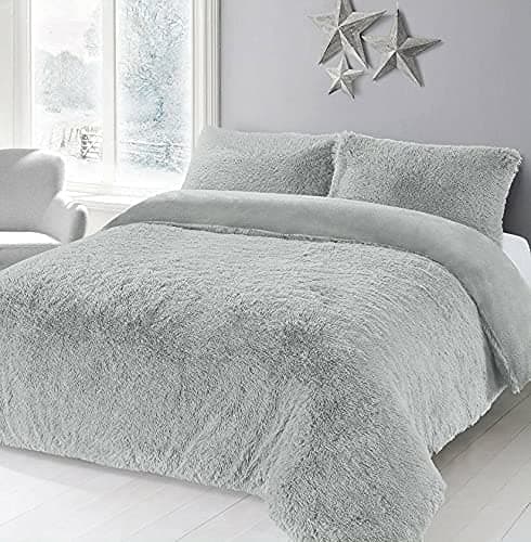 Image of HOMES-LINEN Teddy Bear Fleece Long Fur Cuddles Alaska Luxury Duvet Cover Set Warm Cosy Soft Teddy Bedding Set (Silver, King)