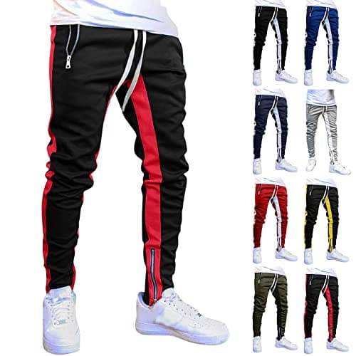 Image of FGUUTYM Men's Joggers with Zip Pockets, Color Block Sweatpants for Gym Running, Elastic Waist Tracksuit Bottoms with Drawstring, Casual Sports Trousers M-3Xl Wine
