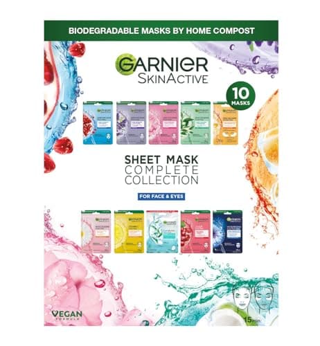 Image of Garnier Sheet Masks Complete Collection, Set of Sheet Masks for Face and Eyes, With Natural Plant Extracts, Hyaluronic Acid Serum and Vegan, Biodegradable Tissue, SkinActive, 10 Pieces