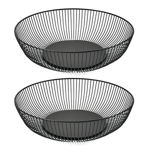 Image of 2PCS Black Wire Fruit Basket, Black Fruit Bowls, Basket Metal Wire for Fruitss, Countertop Bowl Fruits 28x7.5cm Countertop Metal Fruit-Bowls, Modern Wires Large Round Basket for Fruits Vegetable Snack