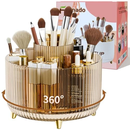 Image of fanado 360° Rotating Makeup Organiser, Makeup Brush Holder, 5 Compartment Makeup and Skincare Storage for Vanity, Desktop, Bathroom (Clear Amber)