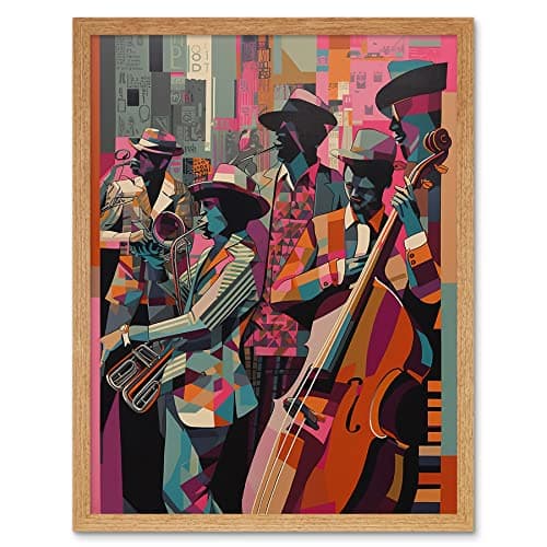 Image of Artery8 New Orleans Jazz Festival Musicians Warming Up in the City Street Abstract Modern Painting Art Print Framed Poster Wall Decor 12x16 inch