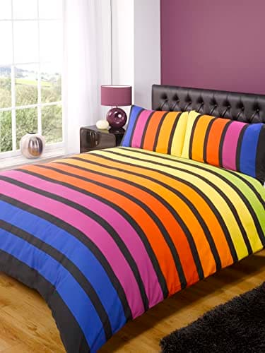 Image of Rapport Home Striped Rainbow Duvet Cover Set Double Size - Vibrant Polycotton Bedding with Pillowcases, Durable & Fade Resistant for Kids & Adults Bedroom