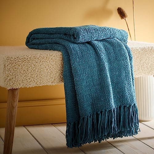 Image of Appletree Teal Chenille Throw – 130 x 180cm – Textured Knit Blanket with Tassels – Teal Blue Sofa Throw – Woven Home Furnishing Accessory – Soft Decorative Blanket