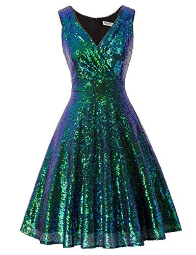 Image of GRACE KARIN 1950s Glitzy Dress for Women Sequins A-line Flared Wedding Club Night Out Dress XL Sequined Dark Green