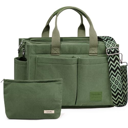 Image of Captain Blues Corduroy Tote Bag for Women with Zipper, Large Capacity Work Bags Shoulder Handbag for School, Travel, College, Teacher with Adjustable Strap & Pockets (Green)