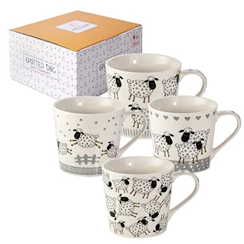 Image of SPOTTED DOG GIFT COMPANY Sheep Mugs Set of 4 – 380ml Ceramic China Coffee Mugs & Tea Cups | Cute Black Sheep Animal Themed Mug Set | Animal Lover Gifts & Presents for Women & Men