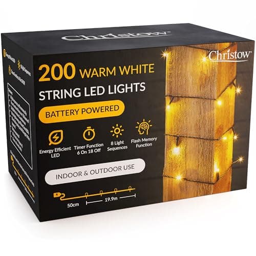 Image of CHRISTOW Christmas Fairy Lights Battery Operated, Warm White LED String Lighting with Timer, Indoor & Outdoor, 8 Light Modes Flashing & Static, Green Cable (200 LED / 20m Lit Length)
