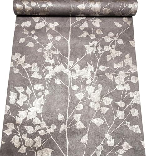 Image of SOPHIE LAURENCE Charcoal Grey Floral Leaf Wallpaper – Metallic Shimmer, Textured Thick Vinyl Feature Wall Covering for Lounge & Bedroom (53 cm × 10.05 m)