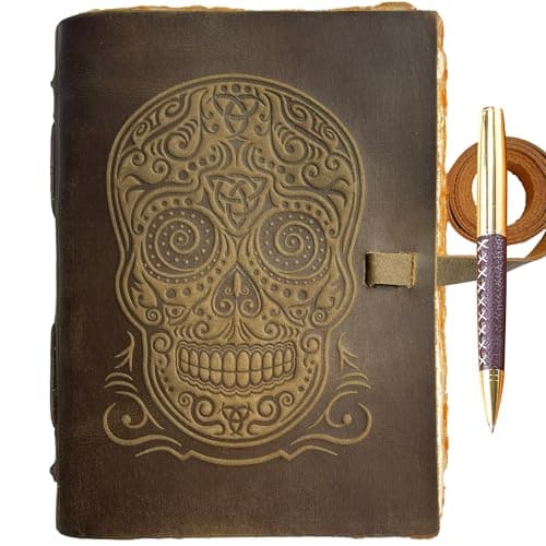 Image of Sugar Skull Handmade Leather Bound Journal with Tree-Free Deckle Edge Paper - Perfect for Writing, A5 Day of the Dead Shadows Antique Journal, Grimoire 8” x 6” Vintage Leather Sketchbook