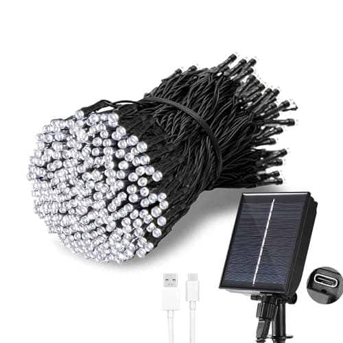 Image of Tacobey Solar String Lights Outdoor Garden, 65Ft/20m 200 LED Solar Powered Fairy Lights, USB Charging | Waterproof | 8 Modes, for Garden Patio Wedding Party Tree Decoration - Cool White