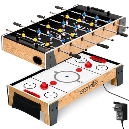 Image of SereneLife Table Top Air Hockey 38cm and 40cm Foosball Table, 2-in-1 Swivel Game Table with Pushers, Pucks, Soccer Balls, Arcade and Indoor Games for Home and Parties Kids and Adults