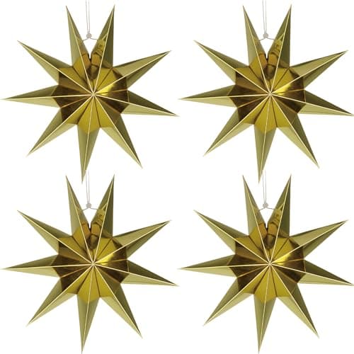 Image of MUNSKT 4 Pcs Paper Christmas Decorations, Hanging Paper Stars Lanterns Chains for Xmas Tree, Ceiling, Home, 30 cm DIY Christmas Decor for Holiday Party, Festive Crafts (Gold)