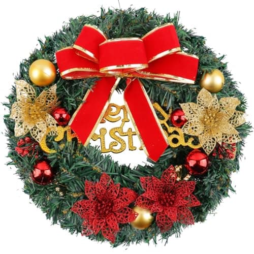 Image of LATERN 30CM Christmas Wreath, Artificial Christmas Front Door Wreath Merry Christmas Pine Garland with Bowknot Glitter Flower Red Berry Ball for Door Wall Fireplace Window Xmas Tree Decoration
