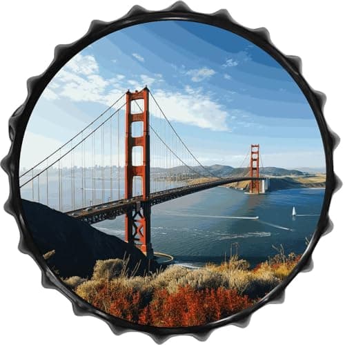 Image of FodPand 1PCS San Francisco Golden Gate Bridge Tin Sign - 11.8 Inch Metal Bottle Cap Wall Art Vintage Beer Decor for Man Cave, Bar, Kitchen & Office, Ready to Hang Round Metal Sign