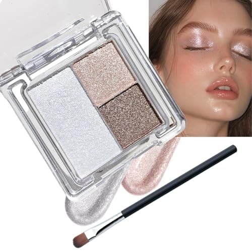 Image of Three-Tone Shimmer Eyeshadow Palette with Glittery Silver, Rose Gold and Dark Brown Shades - Compact Makeup Kit with Dual-Ended Brush for Evening Events and Festive Occasions