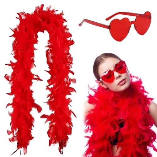 Image of PonFxp Red Feather Boa, Party Accessories for Adults, Includes Glasses, Perfect for Various Celebrations and Holidays, Soft and Vibrant Feather Boa for Costumes and Events