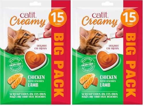 Image of Catit Creamy Chicken & Lamb Lickable Cat Treats for Cats and Kittens, Cat Treat Licky Snack, Grain-Free Lick Treat, 15 x 10g Multipack (Pack of 2)