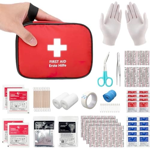 Image of HONYAO First Aid Kit 90 Pcs, Small Travel First-Aid Bag, Mini Compact Survival Kit for Travel Car Home Workplace Kids Camping Hiking Motorbike Holiday, Red