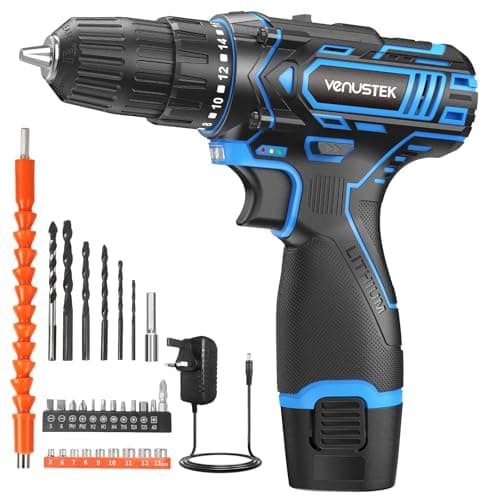 Image of VENUSTEK Cordless Drill Set, 12V Power Drill with 2.0Ah Battery and 2-Speed, 30Nm Torque, 25+1 Clutch Settings, 3/8" Keyless Chuck, Combi Electric Drill for Home DIY, Wood, Metal, Plastic Drilling