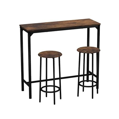 Image of URBNLIVING CANCUN Bar Table and Stools Set – Industrial Kitchen Dining Breakfast Counter Furniture with 2 or 4 Chairs, Space-Saving Design for Home & Small Spaces - 3 Piece - Rustic Brown