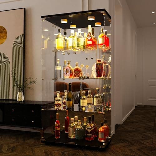 Image of Display Cabinet with LED Lights and Mirrored Back Panel, Tall Glass Display Cabinet with Glass Doors and 4 Shelves, Glass Cabinet Display Unit for Collectables,Black (Black, 4-Tier,2 Door,Mirror Back)