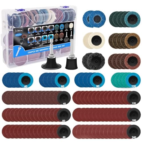 Image of 136 PCS Die Grinder Sanding Discs Bits, 50mm Drill Sanding Attachment with 6.35mm Shank for Grinder Rotary Tool Accessories, Roll Lock Quick Change Discs Set for Removing Paint, Welds and Oxidation
