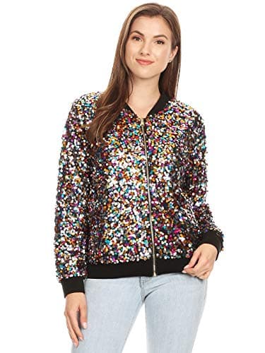 Image of Anna-Kaci Womens Sequin Long Sleeve Front Zip Jacket with Ribbed Cuffs, Multicolor, Small