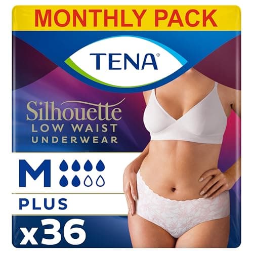 Image of TENA Silhouette Plus Low Waist, 36 pairs of Incontinence Pants (12 x 3 Packs) for Moderate to Heavy Bladder Weakness for Women, Designed for Stylish Protection, White, Medium, Fits Waist 75cm - 100cm