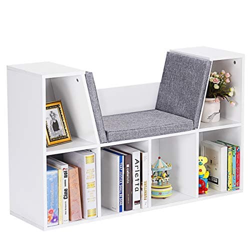 Image of COSTWAY 6-Cube Kids Bookcase, Wooden Display Shelving Unit Organizer with Cushioned Reading Nook, Multi-Functional Storage Shelf Cabinet (White)