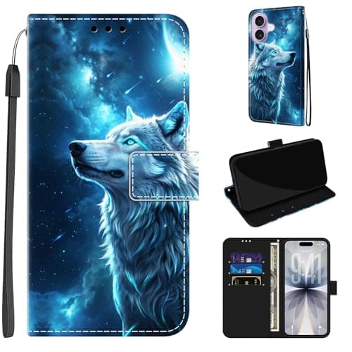 Image of JRIANY Case for iPhone 17, PU Leather Wallet Case with Card Holder Cute Pattern Animal Design Phone Case Shockproof Cover Flip Case Compatible with Apple iPhone 17 - Blue Wolf