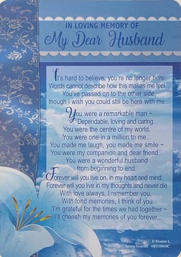 Image of Loving Memory Graveside Memorial Card - Blue Background Dear Husband 6.25x4.25