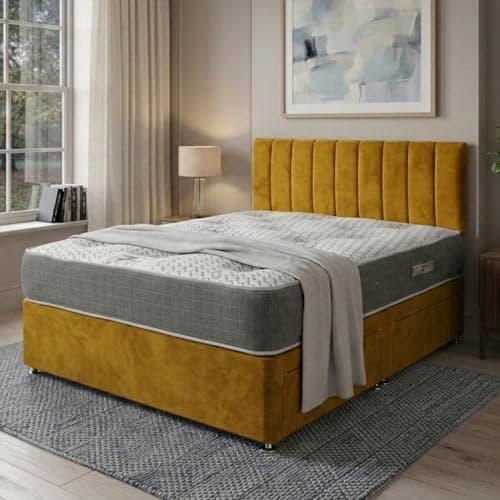 Image of AU Gold Beds 5FT King Size Bed Set with 2000 Pocket Sprung Mattress - Mustard Plush Velvet Divan Bed Base with Versatile Storage Options – 9 Panel Headboard with Chrome Glider Feet (King)