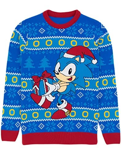 Image of Sonic The Hedgehog Mens Christmas Jumper | Adults Ladies Video Game Movie Festive Navy Knitted Sweater | Xmas Gifts For Him Her XL