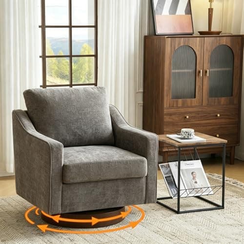 Image of Bonnlo Swivel Armchair, Mid-Century Modern Comfy Accent Chair, 360°Upholstered Thick Cushion Small Tub Chair, Comfortable Lounge Chair with Track Arms Perfect for Bedroom, Apartment, Office, Grey