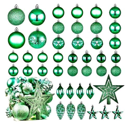 Image of Christmas Ball Baubles Decoration Tree Ornaments including Balls Stars and a Tree topper Shatterproof Xmas Hanging 43 Pieces Set Home Office Outdoor indoor (Green)